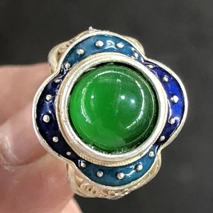 Anello smaltato cloisonne perline verdi stile vintage sigillo gioielli da collezione - Foto 1 di 4