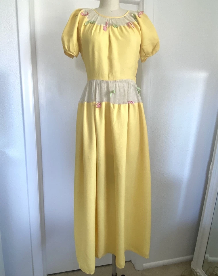 Maxi Vestido Peekaboo Vintage Años 30 Amarillo Lazos Malla Largo Para Mujer Años 30 Años 40 Años 40 Foto 1 de 4