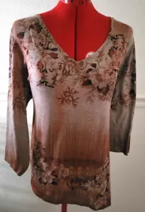 Emerge World Wear Beige/Red/Maroon/Orange Sheer Stretch Floral Leaf T-Shirt 1X - Picture 1 of 5