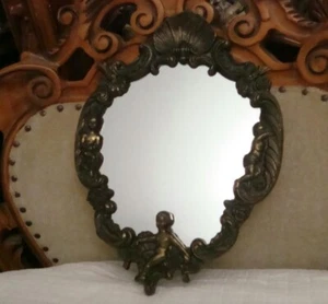  Mirror Antique Wall Carved Style Bronze Green Rare Boy Frame Medium 1930s Decor - Picture 1 of 4