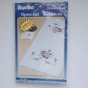 Bucilla Stamped Cross Stitch Kit Dresser Scarf Runner ROSE HEART Lace Trim NEW - Picture 1 of 9