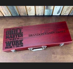 Personalized 3-Piece BBQ Gift Set! Wooden Case, Spatula, Tongs, & Fork Included! - Picture 1 of 5