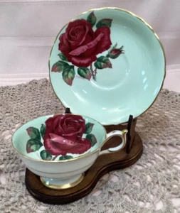 🏺Paragon Porcelain Huge Cabbage Roses Baby Blue Teacup & Saucer Signed - Picture 1 of 6