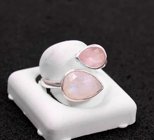Sterling 925 Silver Jewelry Front Open Ring Size 13 Moonstone & Rose Quartz Ring - Picture 1 of 4