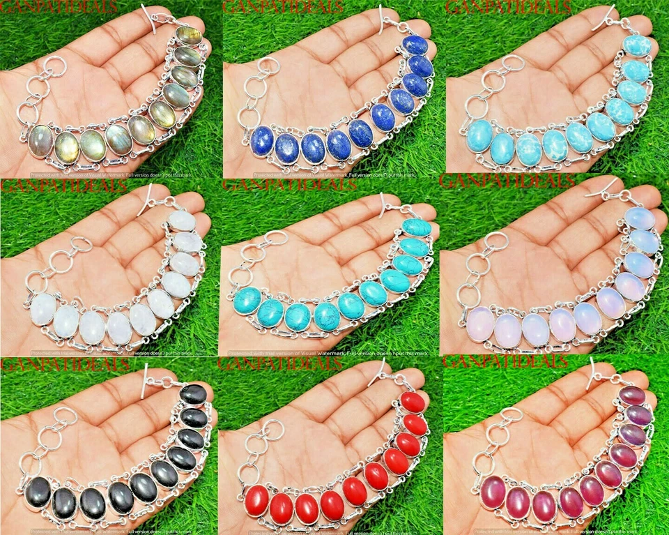 Turquoise & Mix Gemstone Big Handmade Bracelet 925 Silver Plated Jewelry Lots - Image 1 of 4