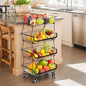 4-Stufiger Gemüseregal Stapelbarer Obstkorb auf Rollen Gemüsekorb Küchenwagen - Bild 1 von 10