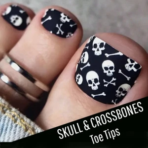 TOE TIPS *MATTE SKULL & CROSSBONES* Full Cover 24 Nail Tips Press On Glue Set! - Picture 1 of 4