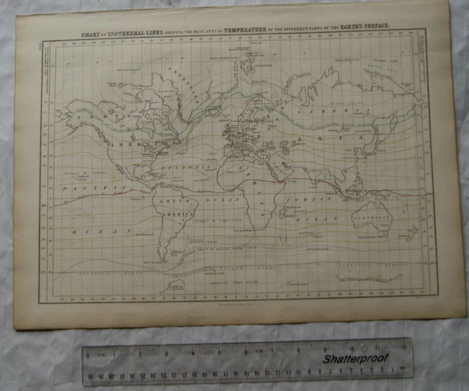 1850 Gráfico de líneas isotérmicas grabado en acero negro temperatura media anual Foto 1 de 1