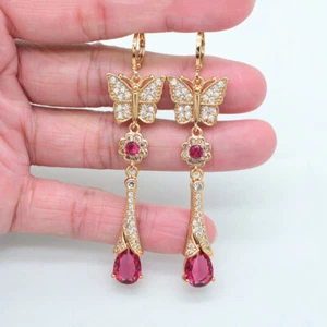 18K Yellow Gold Filled Rose Red Topaz Long Butterfly Dangle Wedding Earrings - Picture 1 of 1