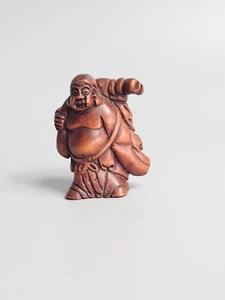 Feines antikes signiertes japanisches Hartholz Netsuke eines lachenden Buddha - Bild 1 von 3
