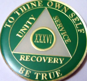 Gettone moneta medaglione oro 36 anni AA alcolisti bianchi verdi anonimi - Foto 1 di 8