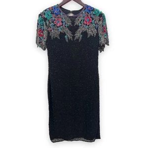 Vintage 80s Silk Embroidered Sequinned Cocktail Dress Size M - Picture 1 of 6