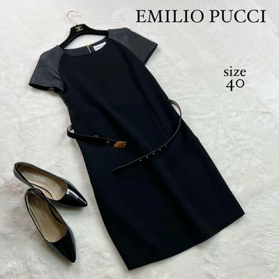 Emilio Pucci Wool & Lamb Leather Dress Short Sleeves Belt Black Used - Image 1 of 4