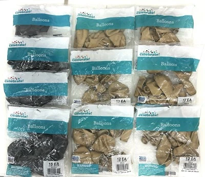 Set of 10 Latex Balloons 12"/15” 12 Count Bag Gold Black NIP Graduation Party - Image 1 of 4