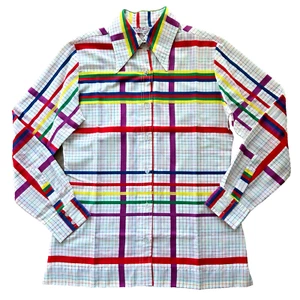VTG Rainbow Plaid Women's 12 S M Unisex Evan Picone Pointed Collar Button Front - Picture 1 of 9