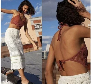 New FREE PEOPLE Small Sydney Bralette Crochet Lace Terracotta Tie Back Boho Top - Picture 1 of 5