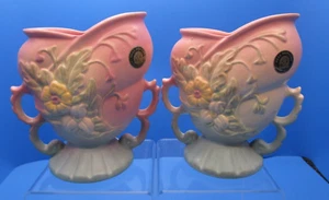 HULL ART Pottery Pair of WILDFLOWER Vases Pink Blue Floral Original Label 1940s - Picture 1 of 21