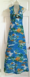 Vintage Pomare Hawaii Maxi Dress 6 Ruffle Halter Neck Palm Tree Hibiscus Floral - Picture 1 of 9