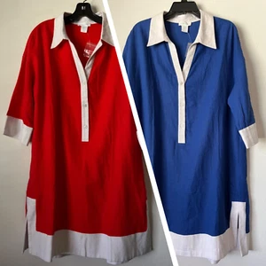 NWT Linen blend Cynthia Rowel 3/4 Sleeve Contrast trim Tunic Dress Sz L and XL - Picture 1 of 11