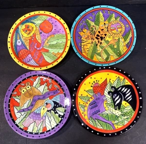 Laurel Burch Set Of 4  8" Round Ceramic Plates Jungle Animal Colorful 1998 - Picture 1 of 13