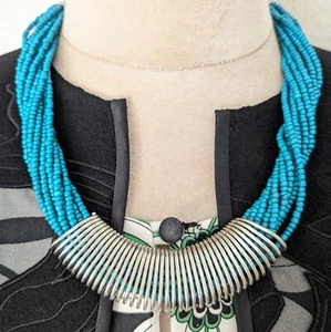 Vintage Blue Beaded Torsade Ethnic Modernist Southwestern Jewelry 23” - Picture 1 of 5
