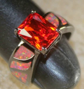 Black SILVER Elegant Orange Fire Opal & Garnet Rectangular Ring Size 8, WR41202 - Picture 1 of 3