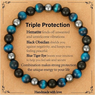 Pulseira Presentes para Homens, Proteção Tripla Preta Obsidiana Hematita Olho de Tigre...  - Imagem 1 de 4