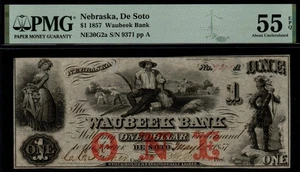 ¡Billete roto de $1 The Waubeek Bank, De Soto, NE PMG AU 55 EPQ 1857! - Imagen 1 de 2