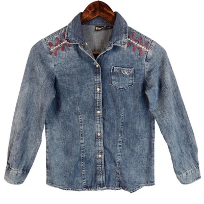 CRUEL GIRL LONG SLEEVE DENIM WESTERN SNAP SHIRT IN INDIGO GIRLS L/10 EUC - Image 1 of 4