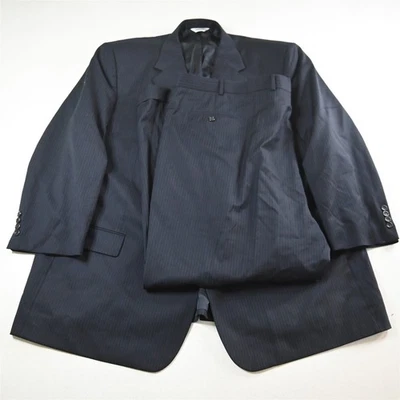 Joseph & Feiss 54L 52x30 Navy Blue Striped 100% Wool Mens Jacket Pants Suit - Image 1 of 4