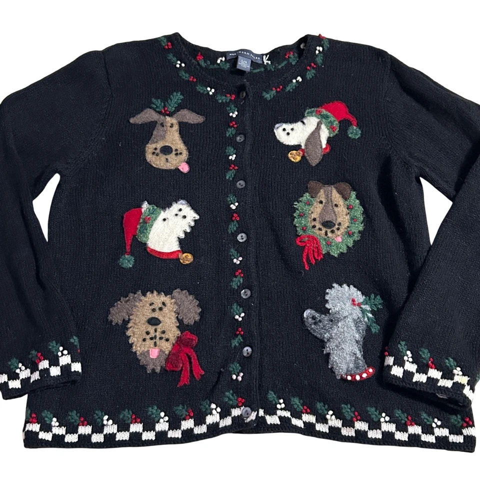 Винтажный уродливый рождественский кардиган для собаки на черной пуговице спереди праздничный свитер L шерсть мохер - Изображение 1 из 4