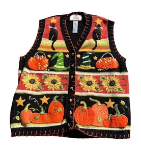 Vintage Tiara International Strickweste LARGE Halloween Herbst schwarze Katze Kürbis Gänseblümchen - Bild 1 von 6