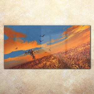Glasbilder Wandbild Druck auf Glas 140x70 Feld Vogelscheuche Sonnenuntergangs - Bild 1 von 5