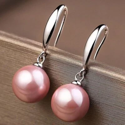 Pair 10-11mm South Sea Genuine Golden Pink Round Pearl Dangle Earring 222 - Image 1 of 2