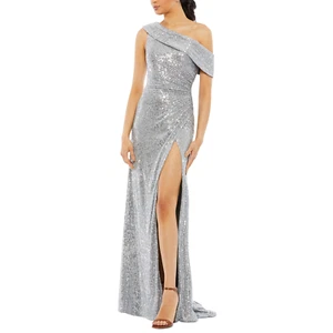 IEENA for Mac Duggal Women Sequin One Shoulder High Slit Ruched Gown Dress Sz 14 - Picture 1 of 7