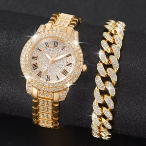 Armbanduhr Damen Gold Strass, elegante Damenuhr plus Armkettchen mit 43g - Bild 1 von 5