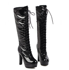 Womens Patent Leather Knee High Boots Lace Up Block Heels Platform Nightclub New