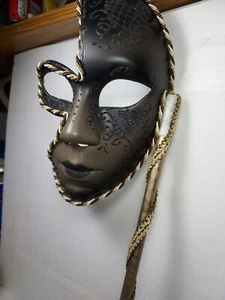Black Holding Stick Party Mask Masquerade Mask Black on Black & Gold. Z19 - Picture 1 of 4