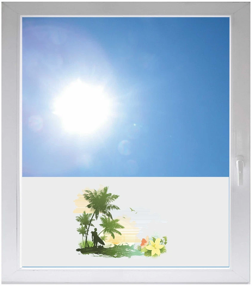 Sichtschutzfolie Sonnenschutz Fensterfolie-GME038-Surfer Strand Palmen Wasser - Bild 1 von 1