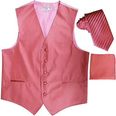 New Men's Formal Vest Tuxedo Waistcoat_necktie set stripes wedding prom coral - Image 1 of 4