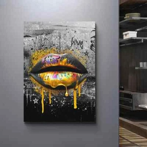 Sexy Gold Graffiti Lips Canvas Painting Canvas Wall Art Home Decor Mural Prints - Picture 1 of 6