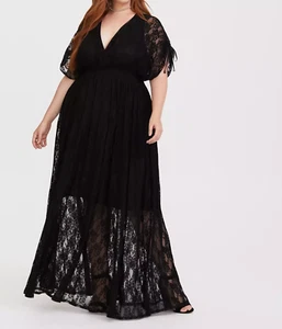 Torrid Stretch Spitze gesmokte Taille Surplice Maxikleid schwarz 00 M L 10 #A99837 - Bild 1 von 2