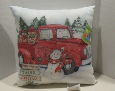 RED TRUCK INDOOR/ OUTDOOR THROW PILLOW - CHRISTMAS SNOWMAN - 18"x 18" new w tags - Image 1 of 4