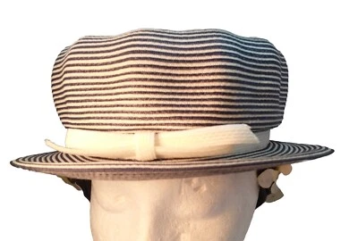 Sombrero EMME BOUTIQUE S Vintage Años 60 Tejido Rayas Azul Marino/Blanco Flores Poof Foto 1 de 4