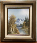 Landscape Oil Painting Framed River Fall Trees  Mountains Signed R. Boren