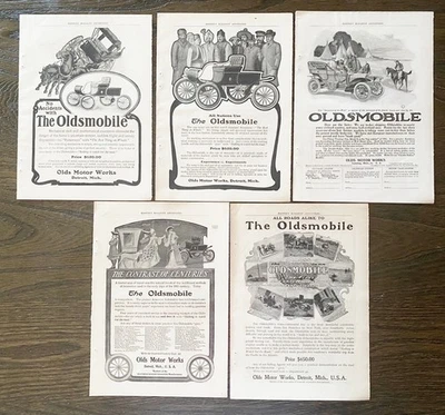 OLDSMOBILE Olds Motor Works Touring Car Model S Runabout Early1900s Print Ad Lot - Image 1 of 4