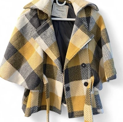 Cartonnier Wool Blend Black  Yellow Plaid Cape Coat Size Medium Anthropologie - Image 1 of 4