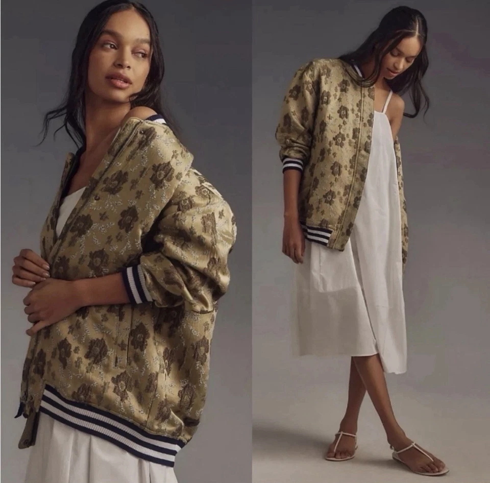 Chaqueta Bomber Pilcro Slouchy Floral Brocado Dorado Jacquard Anthropologie M Foto 1 de 4