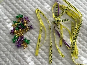 24 Mardi Gras King Cake Babies Small Plastic Purple Green Gold & 15 Ribbons - Picture 1 of 3
