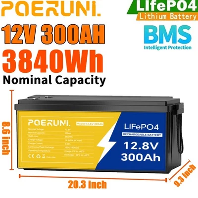 POERUNI 300AH 12V LiFePO4 Lithium Battery 15000+ Deep Cycle BMS for Solar RV Off-grid
